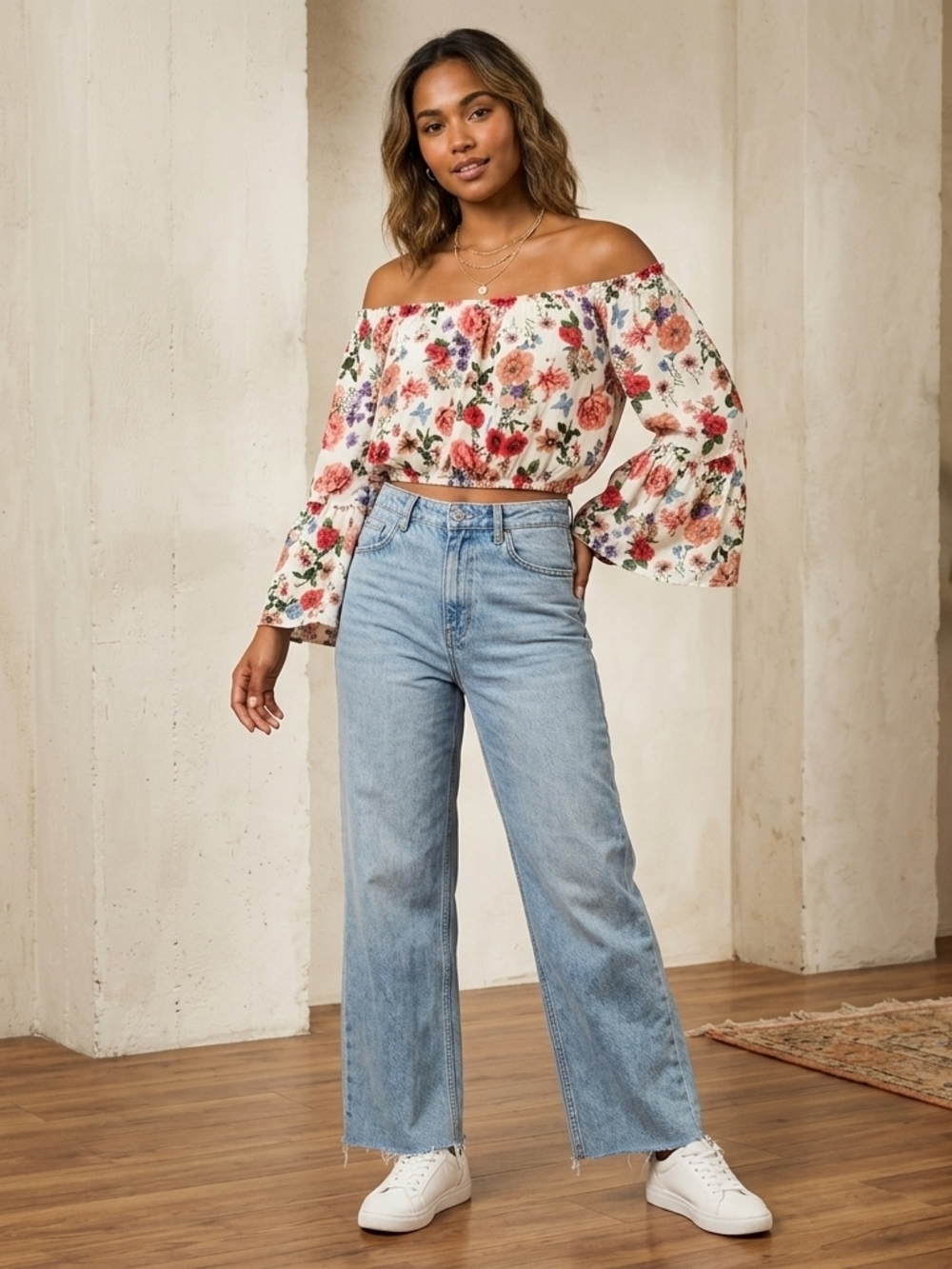 Floral Lightweight Off Shoulder Top With Flowing Sleeves, Women's Large
